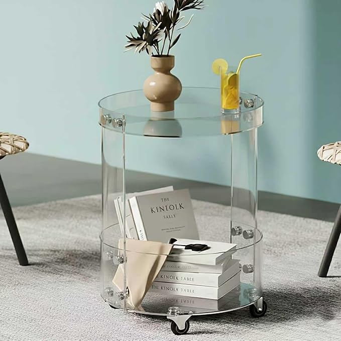 ONELUX Round Acylic Serving Cart for Home,Acylic Side Table on Wheels,Rolling Beverage Storage Shelf for Kitchen Dining Room (2015 (2-Layer))