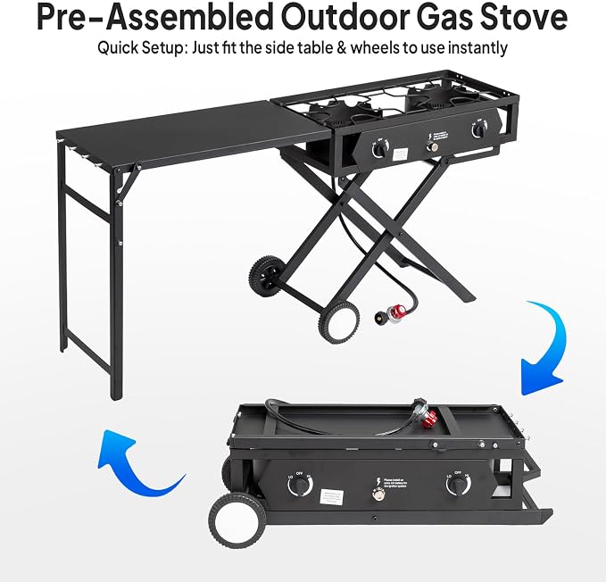 ROVSUN 2 Burner Outdoor Camping Stove with Side Table, Portable Propane Burner, Gas Cooker with Foldable Leg & CSA Regulator for Home Camp Paito Cooking Frying Canning