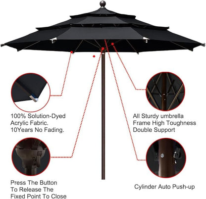 EliteShade USA 10-Year-Non-Fading 11ft 3-Tier Market Patio Umbrella, Commercial Grade Outdoor Table Umbrella with Cylinder Push-Up, Windproof & UPF 50+ UV Protection, Heavy Duty Ventilation for Garden, Deck, Pool, Backyard, Beach & Bistro, Black