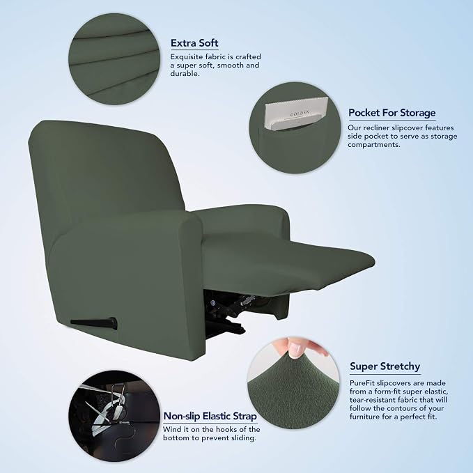 PureFit Stretc Recliner Chair Covers Fleece Soft Couch Covers for Sofa | Grayish Green 4-Pieces Recliner Slipcover Pocket Couch Protector, Fleece Sofa Cover Washable with Non Slip Elastic Bottom