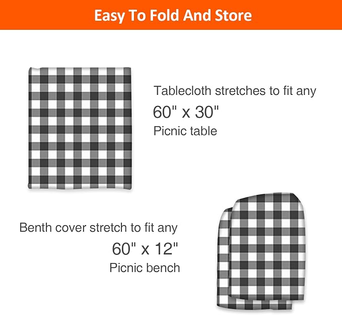 5ft 60" Picnic Table and Bench Cover, 3 Pack, Black-White Checkered | Waterproof Windproof, Elastic Fitted Edges Tablecloth, for Rectangle Table & Seat, Camping Essentials RV Gear