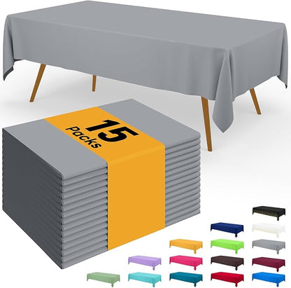 Smiry Disposable Table Cloth - 15 Pack, 54 x 108 Inch Waterproof Rectangle Tablecloths for Parties, Decorative Plastic Table Cover, Leakproof & Sturdy, Grey