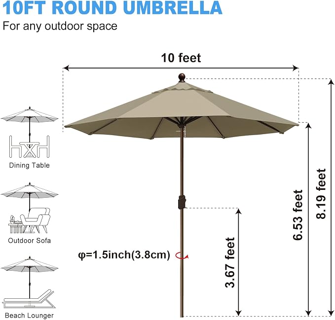 Eurmax USA 10-Year-Non-Fading 10FT Outdoor Patio Market Umbrella,UPF50+ UV Resistant Sun Shade,Heavy Duty Commercial Grade,Crank Lift Design,Windproof Vented Top for Garden,Pool,Deck,Mushroom