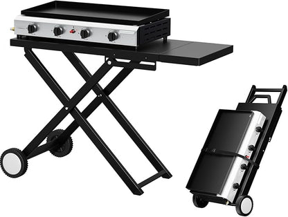 Bonnlo Foldable Flat Top Grill with 4 Burner, Powerful 40,000 BTU Propane Gas Grills with Ignition, Enamel Griddle, Side Shelf & Portable Cart with Wheels for Outdoor Camping Hibachi Grill Use