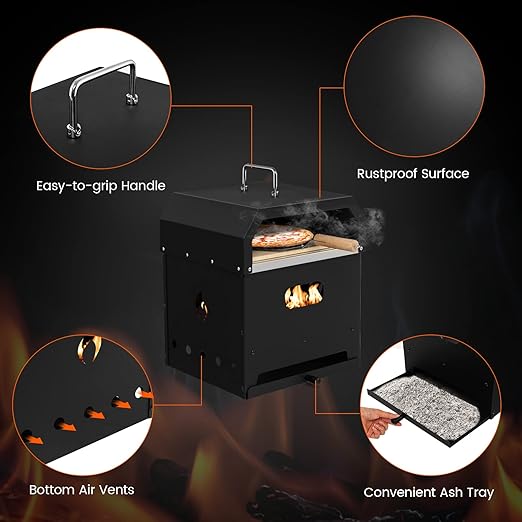 COSTWAY Outdoor Pizza Oven, 4-in-1 Detachable Pizza Oven with Pizza Stone, Cooking Grill, Pizza Shovel, Convenient Handle, Waterproof Cover for Camping, Hiking, Picnic, BBQ