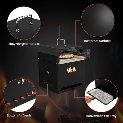 COSTWAY Outdoor Pizza Oven, 4-in-1 Detachable Pizza Oven with Pizza Stone, Cooking Grill, Pizza Shovel, Convenient Handle, Waterproof Cover for Camping, Hiking, Picnic, BBQ
