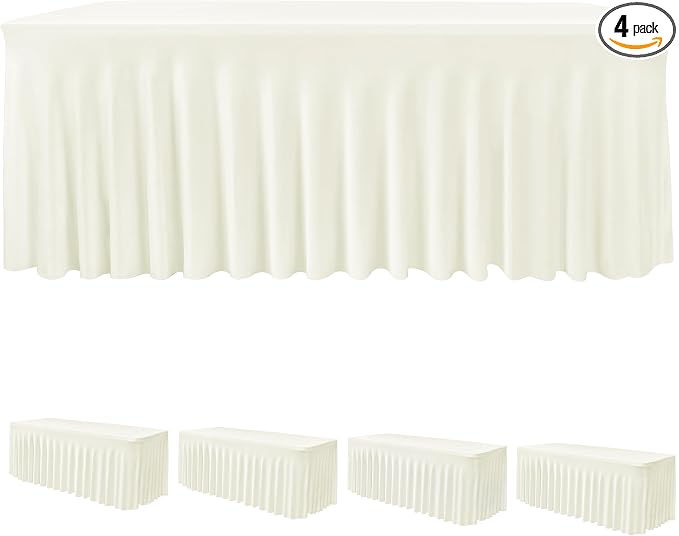 4 Pack Beige Spandex Table Covers 8ft Rectangle Ruffle Skirts for Party | Elastic Table Covers 8 Foot, Pleated Fitted Table Cloths, Wrinkle Resistant Elegant Table Skirts Wedding, Banquets