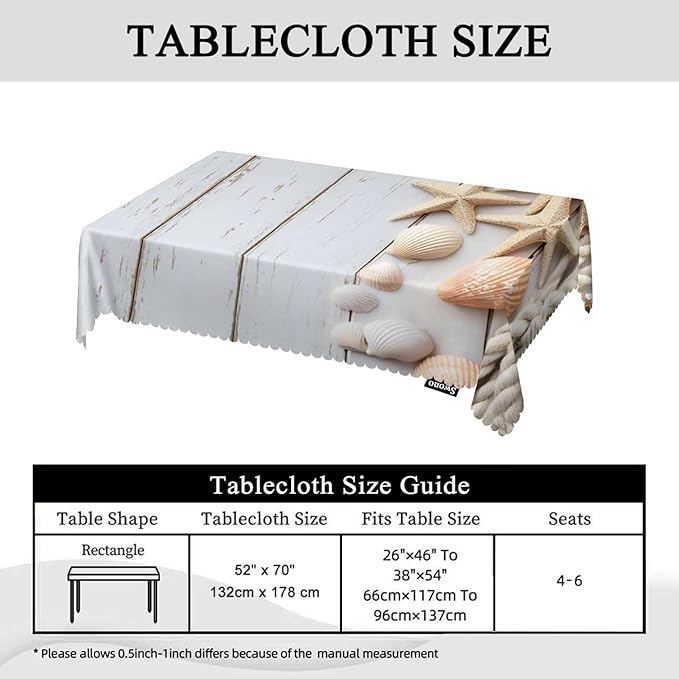 Swono Sea Shells Table Cloth Rustic Wood Seashell Starfish Marine Rope Rectangle Tablecloth Picnic Table Cover BBQ Table Cloth Polyester for Kitchen Home 50x72 Inch