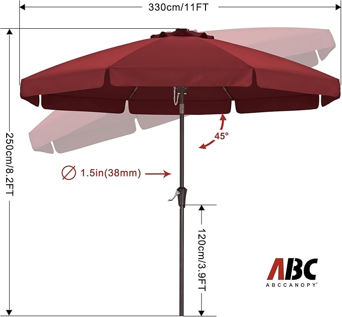 ABCCANOPY 11ft Scalloped Patio Umbrella, Outdoor Table Umbrella with Tilt and Crank, Fiberglass Ribs Deck Umbrella for Patio, Pool, Garden, Picnic (Burgundy)