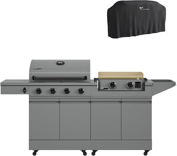 Tytus Anaheim 4-Burner Gas Grill with Prep Cart and Gas Griddle + Cover - Modular Outdoor Kitchen, Quick Assembly, Outdoor Cooking, Kitchen Island for BBQ