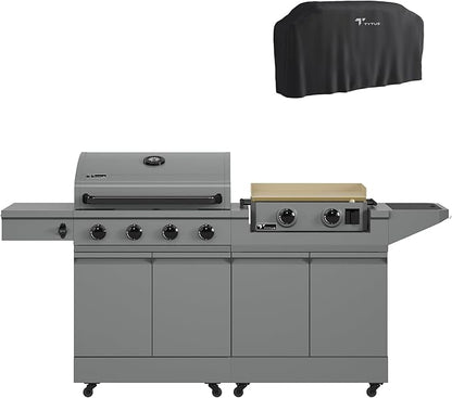Tytus Anaheim 4-Burner Gas Grill with Prep Cart and Gas Griddle + Cover - Modular Outdoor Kitchen, Quick Assembly, Outdoor Cooking, Kitchen Island for BBQ