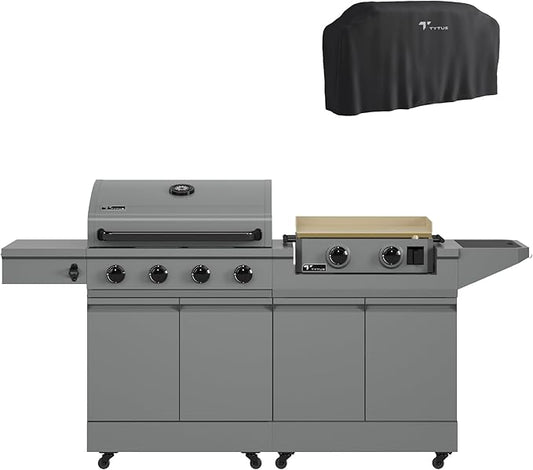 Tytus Anaheim 4-Burner Gas Grill with Prep Cart and Gas Griddle + Cover - Modular Outdoor Kitchen, Quick Assembly, Outdoor Cooking, Kitchen Island for BBQ