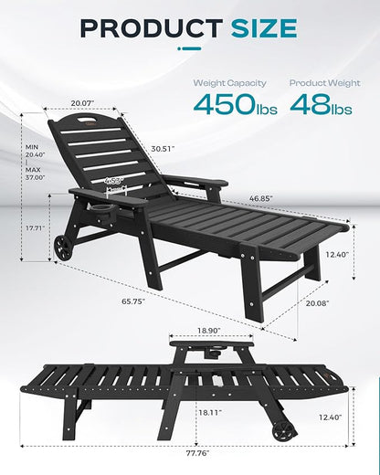 Ciokea Outdoor Chaise Lounge Chair Set of 2, Patio Lounge Chairs for Outside, HDPE Lounge Chairs with Wheels & Cup Holder, Poly Lounge Chair with 5 Position for Poolside, Deck, Black