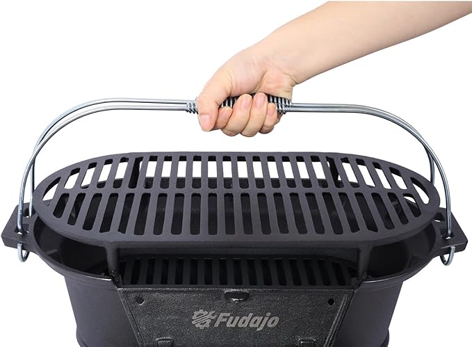 Oval Cast Iron Grill Outdoor, Portable Charcoal Grill and Tabletop Cast Iron Skillet - 100% Cast Iron, Durable, Small Charcoal Grill, Camping Stove, Hibachi Grill (19.6"L×10.6"W×8.2"H)