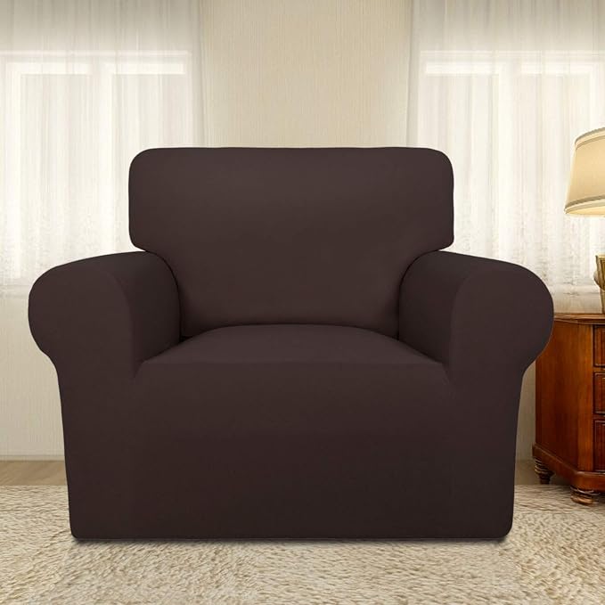 PureFit Stretch Chair Covers Fleece Couch Covers for Sofa Chocolate | 1-Piece Spandex Couch Cover Soft Couch Protector, Sofa Cover Washable with Non Skid Foam and Elastic Bottom for Kids, Dogs