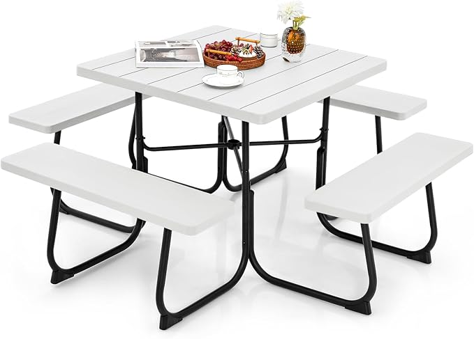 Tangkula 8 Person Picnic Table, Outdoor Square Picnic Table with 4 Built-in Benches, Umbrella Hole, Metal Frame & HDPE Tabletop, Outside Table and Bench Set for Backyard, 2300lbs Weight Capacity