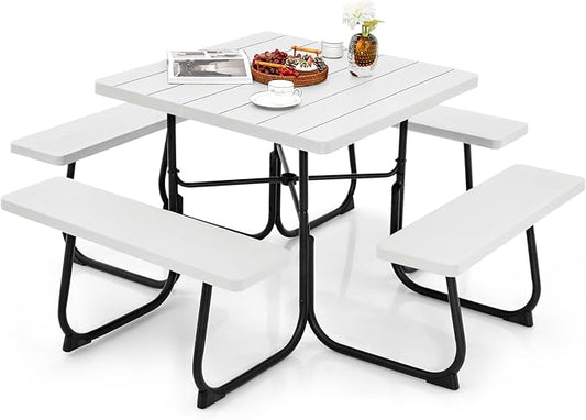 Tangkula 8 Person Picnic Table, Outdoor Square Picnic Table with 4 Built-in Benches, Umbrella Hole, Metal Frame & HDPE Tabletop, Outside Table and Bench Set for Backyard, 2300lbs Weight Capacity