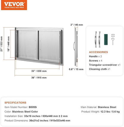 VEVOR BBQ Access Door, 36W x 21H Inch Double Outdoor Kitchen Door, Stainless Steel Flush Mount Door, Wall Vertical Door with Handles, for BBQ Island, Grilling Station, Outside Cabinet, Silver
