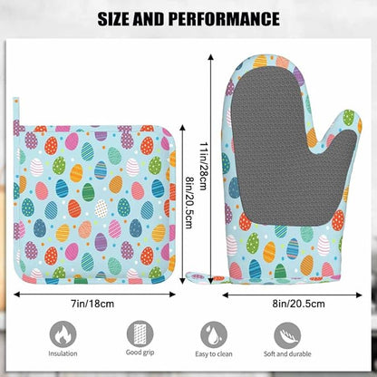 Mxocom Easter Eggs Oven Mitt and Pot Holder with Silicone Easter Colored Eggs on Blue Background Heat Resistant Kitchen for Cooking BBQ Baking Grilling Spring/Summer