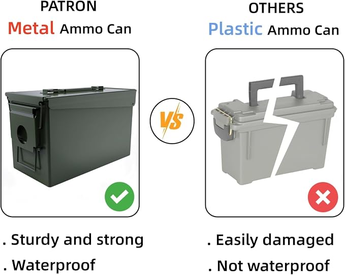 PATRON 30 & 50 Cal Ammo Can Metal Ammo Box Storage Crate Case for Shotgun Bullet Rifle Ammunition Waterproof (Black or Green)
