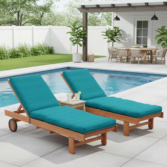Modern Outdoor Chaise Lounge Cushion with Ties – Durable Polyester Fabric, Channel-Filled Polyfiber Insert, Removable Zippered Cover, Peacock