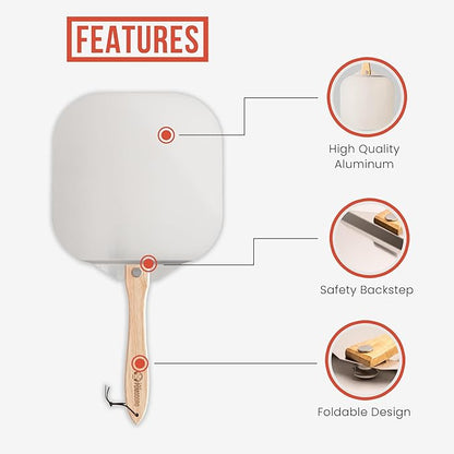 Chef Pomodoro Pizza Peel 16 Inch, Metal Spatula with Foldable Wood Handle | Commercial-grade Aluminum & Wood Paddle, 14x16in Head, Extends to 26in; Transfers Pizza, Bread & Pastries to Oven, Grill