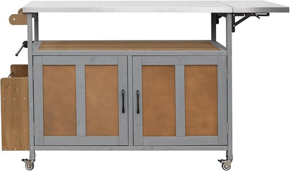 Outdoor Fir Wood Kitchen Island with Foldable Stainless Steel Top, Patio Mobile Kitchen Cart Portable Outdoor Cooking Island with Lockable Wheels, Storage Cabinet and Towel Rack (Espresso+Grey/124)