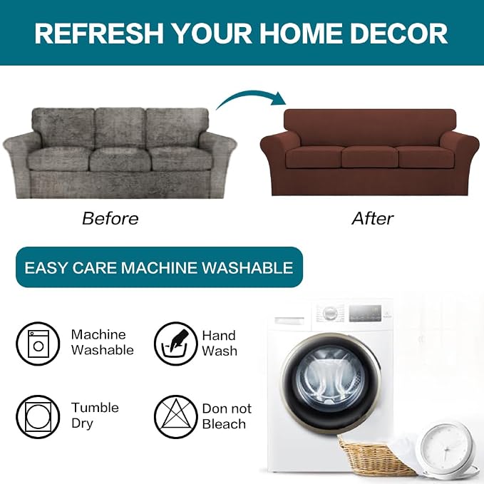 Turquoize 4 Piece Sofa Covers for 3 Cushion Couch Sofa Slipcover Soft Couch Cover for Dogs Washable Furniture Cover with 3 Individual Large Cushion Covers Feature Fabric (Large Sofa, Burnt Brick)