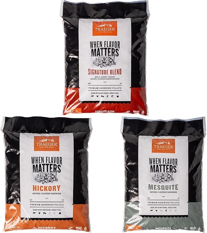 Traeger Wood Pellet Grill Fuel Bundle - Signature Blend, Hickory, and Mesquite 100% All-Natural 18 lb Bags