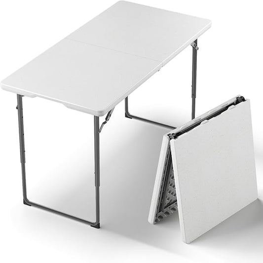 Folding Table, 4FT Foldable Picnic Table with Adjustable Height, Heavy Duty Fold-in-Half Portable Table for Weddings, Camping, RV Travel, Parties, BBQs, and Indoor Use, Easy to Fold and Store