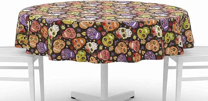 Newbridge Sugar Skull Round Vinyl Tablecloth with Flannel Backing, Waterproof Wipe Clean Table Cover for Indoor Outdoor Kitchen Dining Use, Picnic and Barbecue, 70 Inch Round