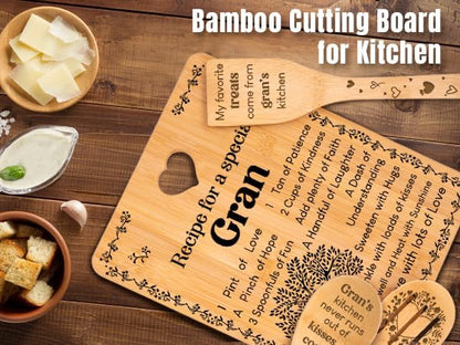 Gran Gifts - "Recipe for a Special Gran" Gran Gifts for Grandma Cutting Board Set, Bamboo-Made Engraved Utensil Set Gifts for Gran Cutting Board, Mothers Day Gifts for Gran.