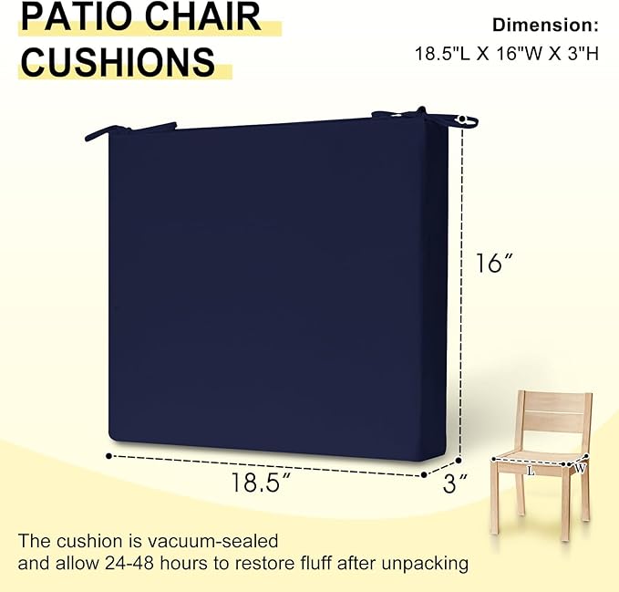 downluxe Outdoor Chair Cushions Set of 6 for Patio Furniture, Water-Resistant Square Corner Patio Chair Cushions with Ties, High Density Foam Outdoor Seat Cushion, 18.5" X 16" X 3", Navy