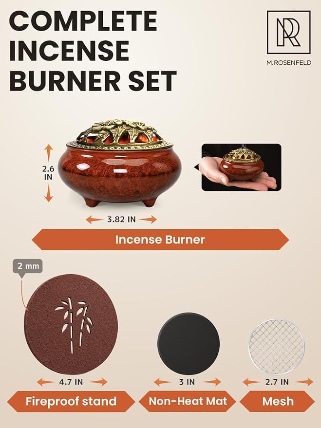 Resin Incense Burner for Frankincense & Bakhoor – Ceramic Charcoal Incense Burner with Lid, Stainless Steel Mesh and Heat-Resistant Lining for Altar & Meditation, Glazed Red