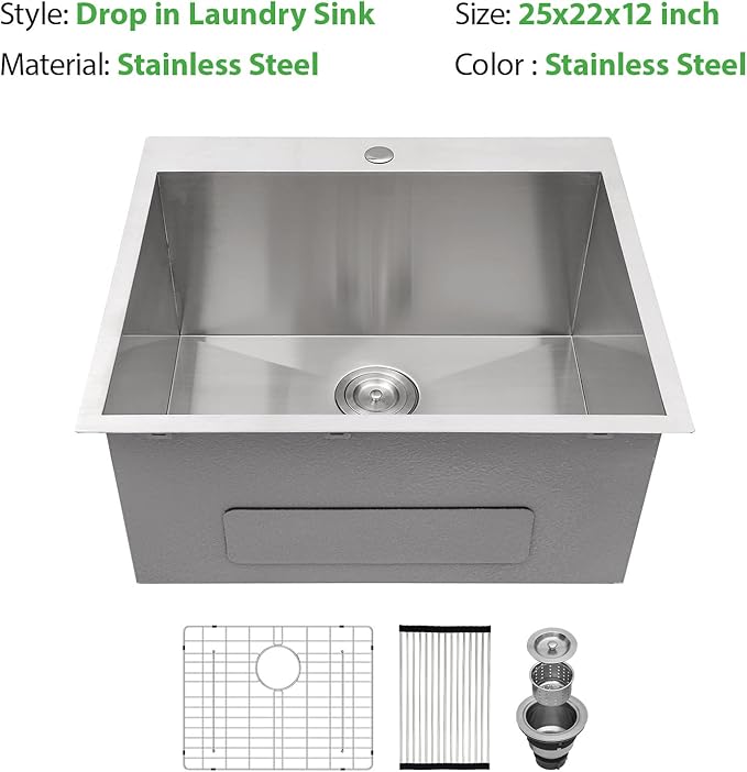25 Inch Utility Laundry Sink Drop In 16 Gauge Stainless Steel Single Bowl Laundry Room Sink Laundry & Utility Room Kitchen Sinks 25"x22"x12"