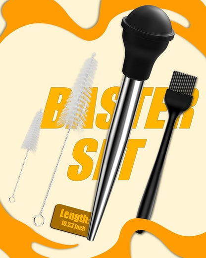 Turkey Baster Large, ARRITZ Stainless Steel Baster For Cooking with 1 Oil Brush, 2 Cleaning Brush, 2 Baster Tips, Black