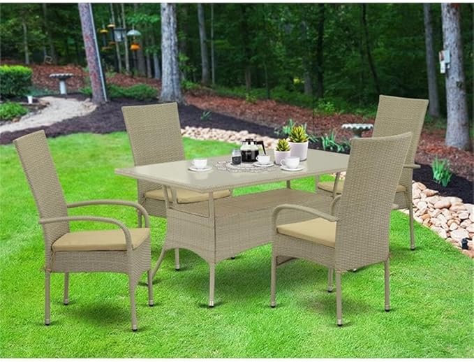 East West Furniture OSOS5-03A 5 Piece Outdoor Patio Conversation Sets Includes a Rectangle Wicker Dining Table with Glass Top and 4 Balcony Backyard Armchair with Cushion, 36x60 Inch, Natural Linen