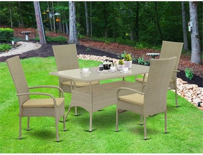 East West Furniture OSOS5-03A 5 Piece Outdoor Patio Conversation Sets Includes a Rectangle Wicker Dining Table with Glass Top and 4 Balcony Backyard Armchair with Cushion, 36x60 Inch, Natural Linen