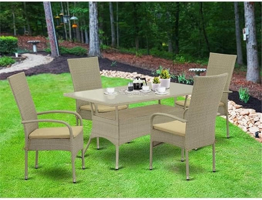 East West Furniture OSOS5-03A 5 Piece Outdoor Patio Conversation Sets Includes a Rectangle Wicker Dining Table with Glass Top and 4 Balcony Backyard Armchair with Cushion, 36x60 Inch, Natural Linen
