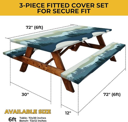 6ft Polyester Picnic Table Cover with Bench Covers Tablecloth Mountain View | Polyester Picnic Table Cover Windproof & Waterproof, Perfect for Camping Gifts & RV Essentials, Cool Camping Gadgets with bag