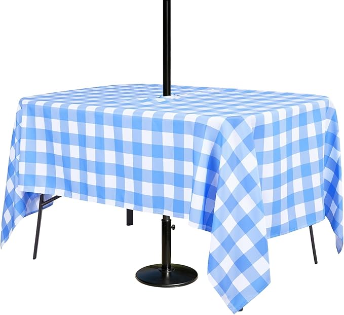 Poise3EHome Rectangle Outdoor Tablecloth with Umbrella Hole and Zipper,Blue and White Gingham 84x60 Inch,SpillProof Washable Table Cloth for Spring Summer Patio Garden Poolside Picnic Camping BBQS