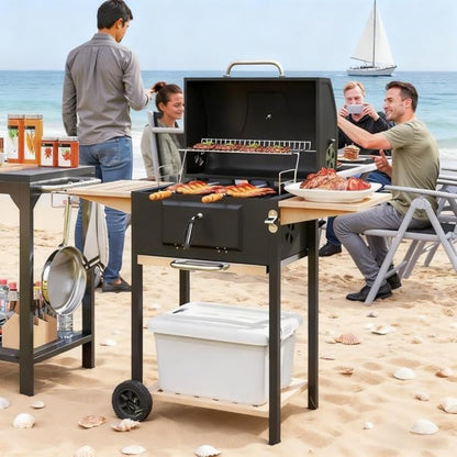 Portable Camping Charcoal Grill Barbecue with Smoker, Outdoor Grills & Smokers for Backyard, Asador de Carbon with Foldable Shelf and Wheels, Barrel Style Charcoal Grills BBQ,A4