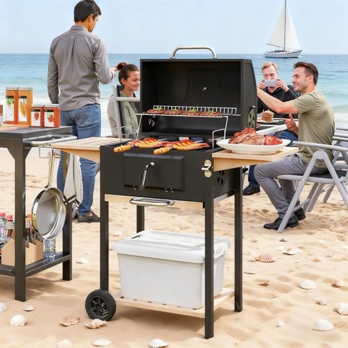 Portable Charcoal Grill for Outdoor Cooking, BBQ Smoker Grill Combo with Adjustable Charcoal Pan, Side Table, Thermometer & Wheels, Easy Clean Ashtray, Outdoor Grills & Smokers for Camping and Backya