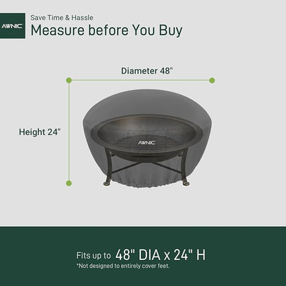 AWNIC Fire Pit Cover Round 48 inch Waterproof Windproof Outdoor Patio Firepit Cover with 500D Fade-Resistant Oxford Cloth, Dual-Sided Adjustable Drawstring & Hook and Loop