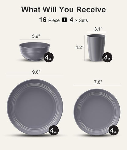 Quatish 16 Piece Plates and Bowls Sets for 4, Unbreakable Dinnerware Sets, Plastic Dish Set for Camping, Dishwasher Microwave Safe, Outdoor Kitchen and Apartment Dorm Dinning RV Essentials, Grey