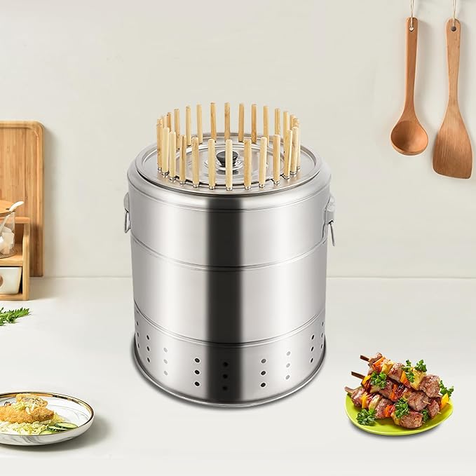 Stainless Steel Charcoal BBQ Grill – Vertical Hanging & Mesh Grilling Modes, Double-Layer Insulated Barrel, Heats in 5-10 Mins – Includes 28 Skewers, Oil Pan, Ash Tray – for 6-10 People, Outdoor Fire