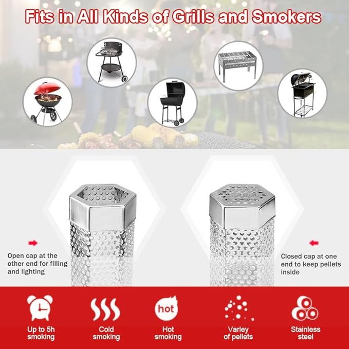 Pellet Smoker Tube,Premium Stainless Steel Portable Barbecue Smoking Tube,5 Hours of Billowing Smoke - Hot or Cold Smoking,6'' Smoker Tube with Brush and Hook for All Grill, Smoker