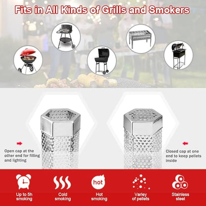 Pellet Smoker Tube,Premium Stainless Steel Portable Barbecue Smoking Tube,5 Hours of Billowing Smoke - Hot or Cold Smoking,6'' Smoker Tube with Brush and Hook for All Grill, Smoker
