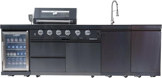 LPG Deluxe Modular Outdoor Kitchen Island Gas Grill, 4 Burners, Side Cooktop, Wine Cooler Refrigerator, Rotisserie Kit, Granite Countertop, Sink, Storage Drawers, Cabinets, Wheels, Lights (Black)