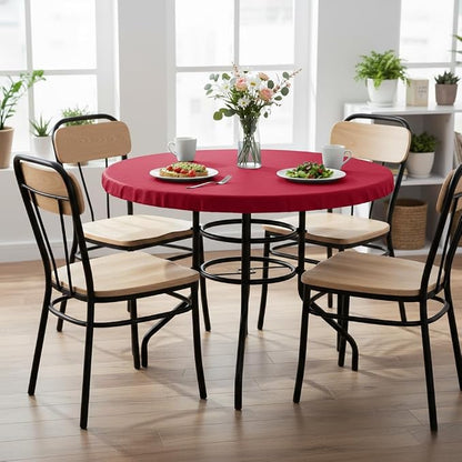 LUSHVIDA Round Waterproof Table Cover Elastic Vinyl Fitted Tablecloth Elastic Edged Plastic Table Cloth (Red, Best for Up to 57"-68" Round)